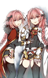 Rule 34 | 2boys, :p, :t, astolfo (fate), aura, bad id, bad pixiv id, black bow, black legwear, blush, bow, braid, cape, dark aura, dual persona, fate/apocrypha, fate/grand order, fate (series), from side, fur trim, garter straps, gloves, hair bow, hand on another&#039;s stomach, highres, male focus, multiple boys, nagatsuki take, pink eyes, pink hair, purple eyes, red cape, single braid, thighhighs, tongue, tongue out, trap, white cape, white gloves