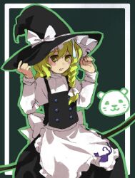 Rule 34 | 1girl, animal print, apron, arms up, black headwear, black skirt, black vest, blonde hair, blush stickers, bow, cat print, commentary request, flat chest, frilled apron, frilled hat, frills, green outline, hair bow, hand on headwear, hat, hat bow, highres, kaigen 1025, kirisame marisa, long hair, long sleeves, open mouth, otter spirit (touhou), outline, skirt, sweatdrop, sweater, touhou, turtleneck, turtleneck sweater, vest, waist apron, white apron, white bow, witch hat, yellow eyes