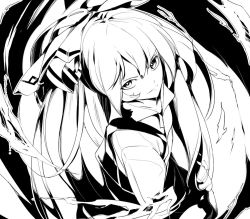 Rule 34 | 1girl, big hair, closed mouth, fire, fire, from above, fujiwara no mokou, greyscale, high ponytail, ikurauni, lineart, long hair, looking at viewer, looking up, monochrome, ponytail, solo, touhou, very long hair, white hair