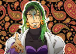 Rule 34 | ;), bad id, bad pixiv id, earrings, floral background, giga omega, green hair, grin, hair down, headband, jewelry, jojo no kimyou na bouken, long hair, long sleeves, looking at viewer, male focus, one eye closed, outline, outstretched hand, paisley, red eyes, smile, solo, tattoo, terence t. d&#039;arby, turtleneck, upper body