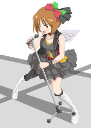 Rule 34 | 1girl, boots, bow, bracelet, breasts, brown eyes, brown hair, collar, dress, ginjyasei, hagiwara yukiho, hair bow, idolmaster, idolmaster (classic), jewelry, microphone, microphone stand, open mouth, solo, spiked bracelet, spikes, wings