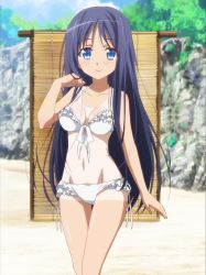Rule 34 | 10s, aigae yuzuha, blue eyes, breasts, collarbone, groin, highres, long hair, looking at viewer, medium breasts, navel, one-piece tan, purple hair, smile, solo, stitched, swimsuit, tan, tanline, tenshi no 3p!, third-party edit