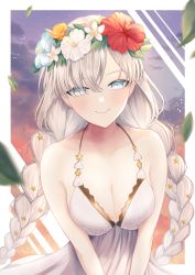 Rule 34 | 1girl, absurdres, anastasia (fate), anastasia (swimsuit archer) (fate), anastasia (swimsuit archer) (second ascension) (fate), bare shoulders, blue eyes, blush, braid, breasts, cleavage, collarbone, dress, dress swimsuit, fate/grand order, fate (series), flower wreath, hair over one eye, hairband, head wreath, highres, huge filesize, large breasts, long hair, looking at viewer, silver hair, solo, tobi (pixiv41237754), twin braids, very long hair, white dress