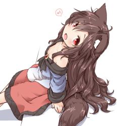 Rule 34 | 1girl, animal ears, bare shoulders, blouse, blush, breasts, brooch, brown hair, downblouse, fang, from above, imaizumi kagerou, jewelry, long hair, long sleeves, looking at viewer, musical note, natsu no koucha, open mouth, red eyes, red skirt, shirt, simple background, sitting, skirt, small breasts, smile, solo, spoken musical note, tail, touhou, white background, white shirt, wolf ears, wolf tail, aged down