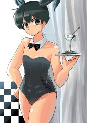 Rule 34 | 1girl, absurdres, animal ears, black eyes, black hair, black leotard, bow, bowtie, closed mouth, cocktail glass, collar, commentary, cowboy shot, cup, detached collar, drinking glass, fake animal ears, flat chest, frown, genderswap, genderswap (mtf), haida katsuretsu, hand on own hip, highres, holding, holding tray, leotard, looking at viewer, original, playboy bunny, rabbit ears, short hair, solo, standing, strapless, strapless leotard, sweatdrop, tray, white collar, wing collar, wrist cuffs
