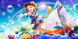 Rule 34 | 1girl, :d, artist request, bare legs, blue sky, blueberry, boat, bow, bracelet, braid, bubble, detached sleeves, earrings, flower, food, fruit, hair bow, hair flower, hair ornament, hat, hat bow, highres, jewelry, light rays, looking at viewer, love live!, love live! school idol festival, love live! school idol festival all stars, love live! sunshine!!, mandarin orange, midriff, neckerchief, official art, open mouth, orange (fruit), orange hair, outstretched arm, puffy detached sleeves, puffy sleeves, rainbow, red eyes, skirt, skirt set, sky, smile, solo, splashing, standing, straw hat, takami chika, watercraft, yellow bow, yellow neckerchief