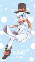 Rule 34 | 1girl, bad id, bad pixiv id, blue eyes, boots, coat, gloves, hat, kawagoe pochi, looking at viewer, open mouth, original, pantyhose, scarf, short hair, silver hair, smile, snow, solo, white pantyhose
