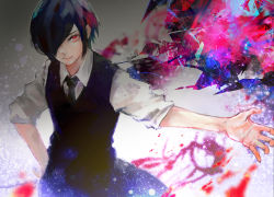 Rule 34 | 1girl, black necktie, black vest, collared shirt, colorful, cowboy shot, grey shirt, hair over one eye, hand on own hip, highres, kagune (tokyo ghoul), kirishima touka, kyuuba melo, looking at viewer, multicolored background, necktie, red eyes, shirt, short hair, short sleeves, smile, solo, tokyo ghoul, vest