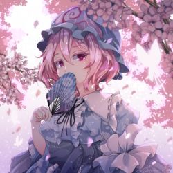 Rule 34 | 1girl, alt text, blue hat, blue kimono, blue ribbon, branch, cherry blossoms, collar, colored eyelashes, commentary request, falling petals, frilled collar, frilled kimono, frills, hair between eyes, hand fan, hat, holding, holding fan, japanese clothes, kimono, mob cap, obi, petals, pink eyes, pink hair, ribbon, ribbon-trimmed collar, ribbon trim, saigyouji yuyuko, sash, solo, tami (joemanyodw), touhou, triangular headpiece
