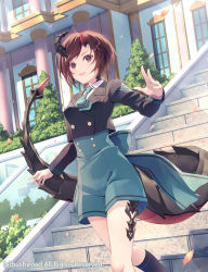 Rule 34 | 1girl, :d, black jacket, black socks, blazer, blue necktie, blue skirt, brown eyes, brown hair, building, cardfight!! vanguard: overdress, character request, collared shirt, commentary request, copyright notice, cropped jacket, dragon girl, dragon horns, dragon tail, fang, feet out of frame, horns, jacket, long sleeves, looking at viewer, necktie, official art, open mouth, petals, school uniform, shirt, short hair, skirt, smile, socks, solo, stairs, stone stairs, swept bangs, tail, walking, watermark, white shirt, window, yoshino ryou