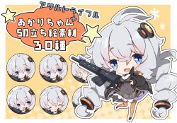 Rule 34 | 0 0, 1girl, :3, :d, antenna hair, assault rifle, black footwear, black jacket, braid, breasts, chibi, closed eyes, closed mouth, commentary request, dress, expressions, grey dress, gun, hair between eyes, hair ornament, halftone, halftone background, highres, holding, holding gun, holding weapon, jacket, kizuna akari, long hair, long sleeves, low twintails, m4 carbine, medium breasts, milkpanda, open clothes, open jacket, open mouth, orange pantyhose, outline, pantyhose, puffy long sleeves, puffy sleeves, rifle, shirt, shoes, silver hair, sleeves past wrists, smile, star (symbol), striped clothes, striped legwear, striped pantyhose, translation request, twin braids, twintails, vertical-striped clothes, vertical-striped pantyhose, very long hair, vocaloid, voiceroid, weapon, white outline, white shirt