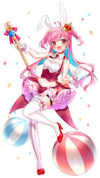 Rule 34 | 1girl, :d, absurdres, ahoge, animal ears, asymmetrical legwear, ball, bare shoulders, blue hair, blush, breasts, collar, commentary request, crown, detached collar, frilled skirt, frills, full body, gloves, high heels, highres, holding, holding wand, long hair, mini crown, mismatched legwear, multicolored hair, necktie, open mouth, original, pantyhose, petals, pink hair, pink necktie, rabbit ears, red eyes, red footwear, red skirt, rukinya (nyanko mogumogu), shirt, shoes, short necktie, simple background, skirt, small breasts, smile, solo, striped clothes, striped necktie, striped neckwear, striped pantyhose, striped thighhighs, thigh strap, thighhighs, tilted headwear, two-tone hair, two side up, underbust, vertical-striped clothes, vertical-striped necktie, vertical-striped neckwear, vertical-striped pantyhose, vertical-striped thighhighs, very long hair, wand, white background, white collar, white gloves, white shirt, white thighhighs, wing collar