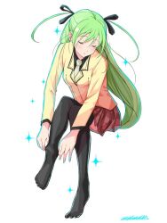 Rule 34 | 1girl, adjusting clothes, adjusting legwear, alice carroll, andanden, aria (manga), black ribbon, black shirt, black thighhighs, blush, closed eyes, closed mouth, collared shirt, full body, green hair, hair ribbon, invisible chair, jacket, knees together feet apart, leaning forward, long hair, long sleeves, miniskirt, necktie, no shoes, pleated skirt, red skirt, ribbon, school uniform, shirt, sidelocks, signature, simple background, sitting, skirt, solo, sparkle, thighhighs, two side up, very long hair, white background, white necktie, yellow jacket