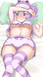 Rule 34 | 1girl, absurdres, azur lane, bed sheet, breasts, green eyes, highres, javelin (azur lane), javelin (operation: pillow fight!) (azur lane), lying, medium breasts, micchamu, on back, pajamas, purple hair, solo, striped clothes, striped thighhighs, thighhighs, underboob