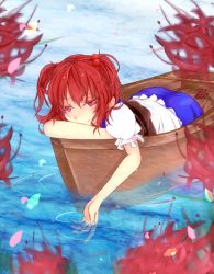 Rule 34 | 1girl, aliasing, bad id, bad pixiv id, baniradayann, blurry, boat, colored eyelashes, depth of field, eyelashes, face, female focus, flower, hair bobbles, hair ornament, onozuka komachi, petals, red eyes, red hair, short hair, smile, solo, spider lily, touhou, twintails, two side up, water, watercraft