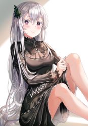 Rule 34 | 1girl, absurdres, adjusting clothes, bad anatomy, black capelet, black dress, blush, breasts, butterfly hair ornament, capelet, cleavage, closed mouth, colored eyelashes, commentary request, dress, echidna (re:zero), feet out of frame, hair between eyes, hair ornament, highres, knees up, long hair, long sleeves, looking at viewer, medium breasts, pink eyes, re:zero kara hajimeru isekai seikatsu, silver hair, sitting, smile, solo, striped clothes, striped dress, very long hair, zeroillya