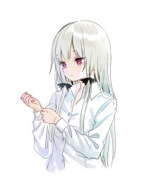 Rule 34 | 10s, 1girl, :|, adjusting clothes, ama-tou, buttons, closed mouth, collared shirt, dressing, expressionless, hair ribbon, long hair, long sleeves, ribbon, shirt, silver hair, simple background, sleeve cuffs, solo, sophie twilight, straight hair, tonari no kyuuketsuki-san, tress ribbon, upper body, white background, white shirt