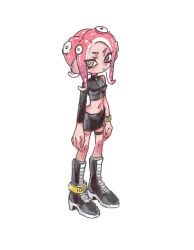 Rule 34 | 1girl, agent 8 (splatoon), arms at sides, black skirt, boots, breasts, bright pupils, crop top, long sleeves, medium breasts, medium hair, miniskirt, navel, nintendo, octoling, octoling girl, octoling player character, pencil skirt, red hair, simple background, single bare shoulder, single sleeve, skirt, solo, splatoon (series), splatoon 2, splatoon 2: octo expansion, standing, suction cups, tentacle hair, thenintlichen96, thigh strap, white background, white pupils, yellow eyes