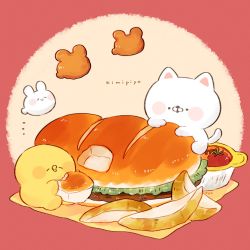 Rule 34 | 3others, artist name, bird, blush stickers, border, bread bun, cat, character name, cherry tomato, chick, chicken, chicken nuggets, closed eyes, commentary, creature, eating, english text, food, highres, holding, holding food, kimipiyo (tenmiyakiyo), multiple others, neko (tenmiyakiyo), no humans, on food, original, oversized food, oversized object, potato wedges, rabbit, red border, round border, sandwich, signature, solid circle eyes, submarine sandwich, symbol-only commentary, tenmiyakiyo, tomato, usachii (tenmiyakiyo), white cat