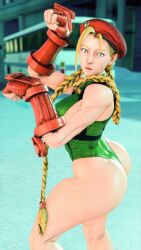Rule 34 | 1girl, 3d, antenna hair, bare shoulders, blonde hair, blue eyes, braid, breasts, cammy white, covered navel, curvy, gloves, green leotard, hat, highleg, highleg leotard, highres, leotard, lips, long hair, looking at viewer, medium breasts, paw pose, red gloves, red hat, ryona, screencap, shiny clothes, skindentation, solo, street fighter, street fighter v, thighs, third-party edit, thong leotard, twin braids, very long hair, wide hips