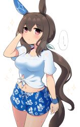 Rule 34 | ..., 1girl, admire vega (umamusume), animal ears, blue scrunchie, blue shorts, blush, bow, breasts, brown hair, commentary request, cowboy shot, ear covers, floral print, gaze on me! outfit (umamusume), hair between eyes, highres, horse ears, horse girl, horse tail, long hair, medium breasts, midriff, navel, purple eyes, scrunchie, shirt, short sleeves, shorts, simoyuki, simple background, single ear cover, solo, sparkle, spoken ellipsis, sweat, tail, tied shirt, umamusume, very long hair, white background, white bow, wrist scrunchie