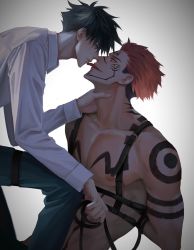 Rule 34 | 2boys, arm tattoo, black hair, blue eyes, chest harness, chest tattoo, closed mouth, collared shirt, extra eyes, facial tattoo, fushiguro megumi, hair between eyes, hand on another&#039;s neck, harness, highres, jujutsu kaisen, licking, licking another&#039;s face, licking another&#039;s lips, long sleeves, looking at another, makababazi, male focus, multiple boys, muscular, muscular male, pectorals, pink hair, red eyes, ryoumen sukuna (jujutsu kaisen), shirt, short hair, shoulder tattoo, sideburns, spiked hair, tattoo, thigh strap, tongue, tongue out, undercut, white shirt, yaoi