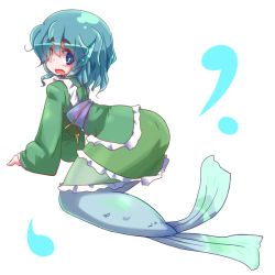 Rule 34 | 1girl, aoihitsuji, blue eyes, blue hair, blue sash, blush, commentary request, fins, full body, green kimono, head fins, japanese clothes, kimono, long sleeves, looking at viewer, looking back, mermaid, monster girl, obi, open mouth, sash, short hair, simple background, solo, touhou, wakasagihime, white background, wide sleeves