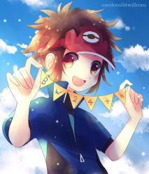 Rule 34 | 1boy, :d, artist name, blue jacket, blush, brown hair, cloud, cocoloco, commentary request, creatures (company), day, game freak, hands up, hat, holding, jacket, male focus, nate (pokemon), nintendo, open mouth, orange eyes, outdoors, pokemon, pokemon bw2, red hat, short sleeves, sky, smile, solo, upper body, visor cap