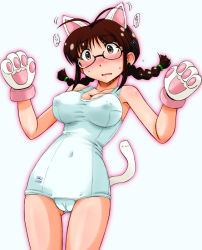 Rule 34 | 1girl, akizuki ritsuko, animal ears, animal hands, antenna hair, blush, braid, breasts, brown hair, cameltoe, cat ears, cat paws, cat tail, cleft of venus, collarbone, covered erect nipples, glasses, idolmaster, idolmaster (classic), large breasts, one-piece swimsuit, rokujou mugi, school swimsuit, solo, swimsuit, tail, twin braids, white background, white one-piece swimsuit, white school swimsuit