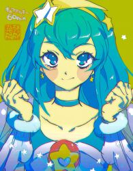 Rule 34 | 1girl, artist logo, babibu baby, blue choker, blue eyes, blue hair, blue shirt, bracelet, character name, choker, chromatic aberration, clenched hands, closed mouth, collarbone, commentary, cure milky, earrings, english commentary, green background, hagoromo lala, hair ornament, hairband, hands up, highres, jewelry, long hair, looking at viewer, one-hour drawing challenge, precure, shirt, shooting star hair ornament, simple background, smile, solo, star (symbol), star earrings, star hair ornament, star twinkle precure, straight-on, upper body, upturned eyes, yellow hairband