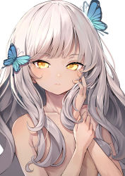 Rule 34 | 1girl, absurdres, bad id, bad pixiv id, blue butterfly, breasts, bug, butterfly, butterfly hair ornament, closed mouth, collarbone, commentary, dampi, english commentary, hair censor, hair ornament, hand on own cheek, hand on own face, hand up, hands up, highres, holding own arm, huge filesize, insect, long hair, looking at viewer, mole, mole under eye, nude, original, silver hair, simple background, small breasts, solo, tan, upper body, white background, yellow eyes