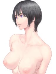 1girl black_hair breasts collarbone large_breasts nipples original parted_lips purple_eyes short_hair shu-mai simple_background smile solo upper_body white_background