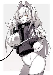 Rule 34 | 1girl, animal ears, breasts, breasts out, collar, commentary request, eyes visible through hair, gradient background, grey background, hair between eyes, highres, jacket, large breasts, leash, long sleeves, looking at viewer, navel, nipples, open mouth, orange eyes, original, panties, solo, tail, takatsuki ichi, teeth, thighhighs, thighs, two-tone background, underwear, upper teeth only, white background