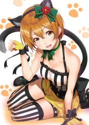 Rule 34 | 10s, 1girl, :d, animal ears, bow, cat ears, cat tail, fingerless gloves, gintarou (kurousagi108), gloves, hair bow, hoshizora rin, love live!, love live! school idol festival, love live! school idol project, open mouth, orange hair, paw pose, short hair, smile, solo, striped clothes, striped thighhighs, tail, thighhighs, vertical-striped clothes, vertical-striped thighhighs, yellow eyes, zettai ryouiki