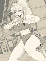 Rule 34 | 1girl, architecture, bare shoulders, breasts, east asian architecture, final fight, final fight 2, genryuusai maki, highres, hiroshi mono, large breasts, legs, long hair, monochrome, ninja, ponytail, sleeveless, street fighter, sword, weapon