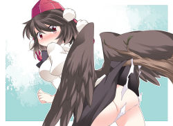 Rule 34 | 1girl, ass, back, bad id, bad pixiv id, bird wings, black hair, black wings, blush, breasts, censored, clothes lift, commentary request, convenient censoring, hammer (sunset beach), hat, hat ribbon, looking at viewer, looking back, panties, pink eyes, red eyes, ribbon, shameimaru aya, shirt, short sleeves, skirt, skirt caught on object, skirt lift, solo, tokin hat, torn clothes, torn panties, touhou, tree, twig, underwear, white panties, wings