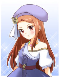 Rule 34 | 10s, 1girl, bad id, bad pixiv id, brown eyes, brown hair, dk, female focus, gradient background, hat, idolmaster, idolmaster (classic), idolmaster 2, jewelry, long hair, minase iori, necklace, palace of dragon (idolmaster), solo