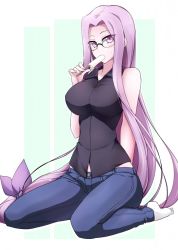 Rule 34 | 1girl, bad id, bad pixiv id, bare shoulders, black shirt, blouse, blush, breasts, collared shirt, denim, fate/stay night, fate (series), food, glasses, hair ribbon, jeans, large breasts, long hair, low-tied long hair, medusa (fate), medusa (rider) (fate), official alternate costume, pants, popsicle, purple eyes, purple hair, red-eyes macadamiachoco, ribbon, shirt, sitting, sleeveless, sleeveless shirt, socks, solo, square pupils, striped, striped background, very long hair, wariza, white socks