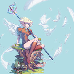 Rule 34 | 1girl, angel wings, bird, blonde hair, boots, breath of fire, breath of fire iii, capcom, dove, dress, feathers, grass, green eyes, hairband, mushroom, nina (breath of fire iii), pigeon, puffy sleeves, qiqo, short dress, simple background, smile, solo, staff, thighs, tight clothes, tight dress, tree stump, white wings, wings