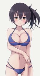 Rule 34 | 1girl, alternate costume, bare shoulders, bespectacled, bikini, black hair, blue bikini, blush, breasts, brown eyes, cleavage, commentary, cowboy shot, glasses, gluteal fold, hair between eyes, highres, honma (honmatomohiro), kaga (kancolle), kantai collection, large breasts, long hair, looking at viewer, navel, rimless eyewear, side ponytail, simple background, solo, swimsuit, white background