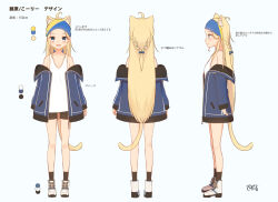 Rule 34 | 1girl, :d, ahoge, animal ear fluff, animal ears, bare shoulders, bike shorts, black shorts, black socks, blonde hair, blue background, blue bow, blue eyes, blue jacket, blush, bow, braid, collarbone, color guide, coreytaiyo, dated, forehead, hair bow, highres, jacket, long hair, multiple views, off shoulder, open clothes, open jacket, open mouth, original, shoes, short shorts, shorts, signature, simple background, smile, socks, tail, tank top, translation request, turnaround, very long hair, white footwear, white tank top