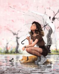 Rule 34 | 1girl, animal, bird, blurry, blurry background, brown eyes, brown hair, cherry blossoms, dog, full body, highres, holding, holding umbrella, jewelry, looking up, medium hair, necklace, original, rain, sam yang, shiba inu, shoes, short sleeves, smile, sneakers, solo, squatting, transparent, transparent umbrella, umbrella, watch, wristwatch
