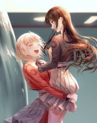 Rule 34 | 2girls, :d, absurdres, blonde hair, brown hair, carrying, closed eyes, floating hair, grey skirt, hand on another&#039;s shoulder, highres, inoue takina, jacket, lewol 7, long hair, long sleeves, looking at another, looking down, lycoris recoil, lycoris uniform, miniskirt, multiple girls, neck ribbon, nishikigi chisato, open mouth, pleated skirt, profile, purple eyes, red jacket, ribbon, short hair, skirt, smile, straight hair, swat, very long hair, wing collar