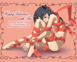 Rule 34 | 00s, 1girl, barefoot, bdsm, black hair, blue eyes, bondage, bound, fate/stay night, fate (series), happy valentine, long hair, long legs, naked ribbon, nude, ribbon, solo, tohsaka rin, twintails, two side up, valentine, wallpaper