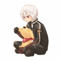 Rule 34 | 10s, 1boy, arm guards, badge, black gloves, black jacket, black pants, boots, character name, creator connection, crossover, eyebrows, from side, full body, gloves, hino rilienthal, holding, jacket, kashikoi ken rilienthal, kuga yuuma, long sleeves, looking at another, looking down, looking up, male focus, mascot, o3o, pants, pants tucked in, rcg742, red eyes, shoe soles, simple background, sitting, stuffed animal, stuffed dog, stuffed toy, uniform, white background, white hair, world trigger, zipper