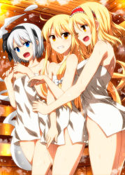 Rule 34 | 3girls, ;d, ahoge, alice margatroid, ass, bare arms, bare shoulders, black hairband, black ribbon, blonde hair, blue eyes, blunt bangs, blush, bow, breasts, clenched teeth, collarbone, colored eyelashes, commentary request, covered navel, cowboy shot, flat chest, frills, ghost tail, hair between eyes, hair bow, hair ribbon, hairband, highres, indoors, kirisame marisa, konpaku youmu, konpaku youmu (ghost), lolita hairband, long hair, looking at viewer, medium breasts, multiple girls, naked towel, one eye closed, open mouth, ribbon, sauna, sazanami mio, short hair, silver hair, smile, standing, steam, teeth, thighs, touhou, towel, very long hair, water drop, white bow, yellow eyes