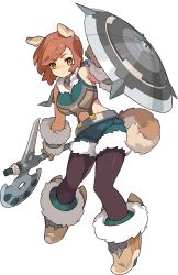 Rule 34 | 1girl, animal ears, artist request, axe, bare shoulders, belt, black pantyhose, blush, boots, brown footwear, brown gloves, brown hair, capelet, chain, clara (world flipper), closed mouth, collar, collarbone, crop top, dog ears, dog girl, dog tail, female focus, full body, fur-trimmed footwear, fur-trimmed gloves, fur-trimmed shirt, fur-trimmed shorts, fur trim, gloves, green shorts, grey capelet, hand up, highres, holding, holding axe, holding shield, looking at viewer, multicolored shirt, non-web source, nose blush, official art, orange eyes, pantyhose, screw, shield, shiny clothes, shirt, short hair, short shorts, shorts, sidelocks, simple background, sleeveless, sleeveless shirt, solo, standing, swept bangs, tail, transparent background, v-shaped eyebrows, world flipper