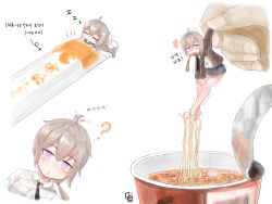 Rule 34 | 1girl, ?, ahoge, barefoot, black neckwear, black skirt, brown jacket, closed eyes, cup ramen, expressive hair, food, girls&#039; frontline, hair wagging, highres, instant ramen, jacket, long hair, long sleeves, m200 (girls&#039; frontline), mini person, minigirl, miniskirt, necktie, noodles, obsi, open clothes, open jacket, open mouth, pleated skirt, purple eyes, ramen, shirt, silver hair, skirt, sleeping, surprised, translation request, white shirt, zzz