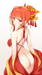 Rule 34 | 1girl, absurdres, ass, back, bare back, bare shoulders, blush, breasts, closed mouth, clothes pull, dota (series), dota 2, dress, dress pull, feet out of frame, hair bun, hair ornament, highres, lina inverse (dota 2), long hair, looking back, medium breasts, orange eyes, orange hair, red dress, sideboob, single hair bun, solo, standing, white background, xiao cai miao