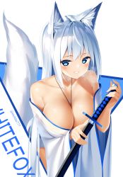 Rule 34 | 1girl, animal ears, bare shoulders, blue eyes, blush, breasts, breath, cleavage, collarbone, commentary request, english text, fox ears, fox tail, highres, holding, holding sword, holding weapon, japanese clothes, katana, kimono, kurotobi rarumu, large breasts, long hair, long sleeves, looking at viewer, original, parted lips, silver hair, smile, solo, straight hair, sword, tail, twitter username, two-tone background, very long hair, weapon, white kimono, wide sleeves